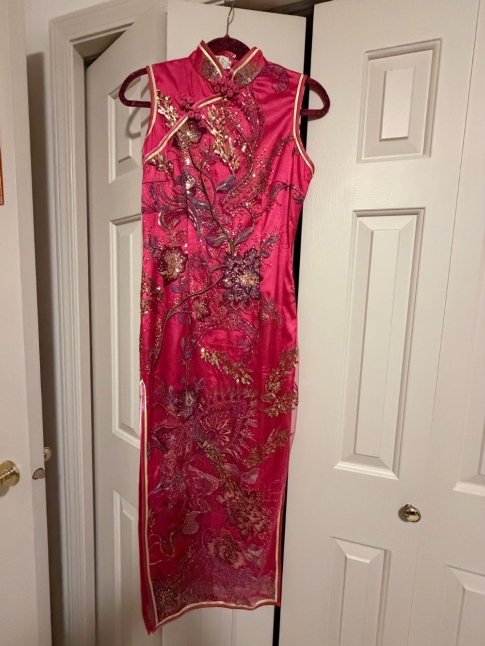 Hot Pink Sequin Floral Cheongsam Dress